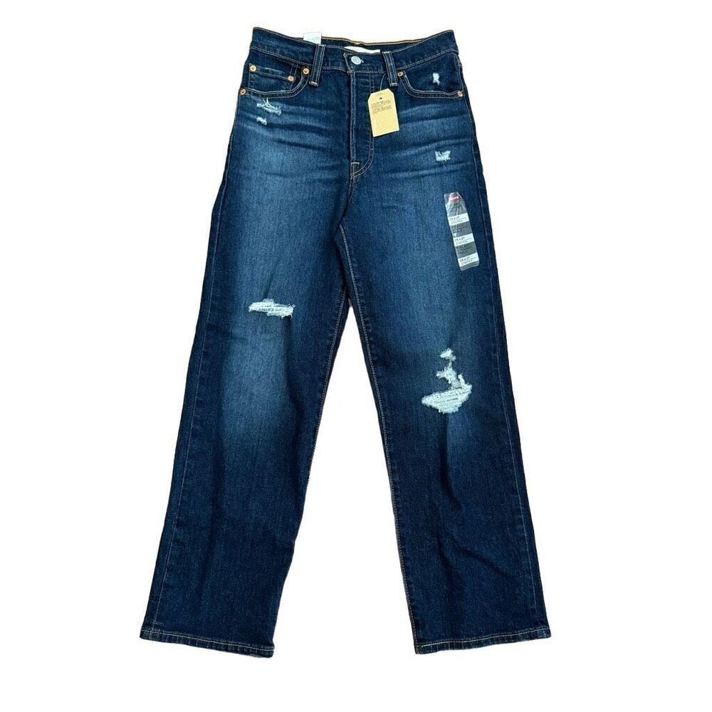 Levi’s Ribcage Straight Ankle Jeans Button Fly Dark Wash Distressed NEW Size 25
